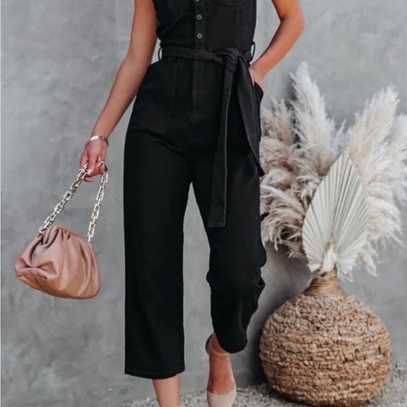 NEW VICI FORE PARK SLOPE BLACK DENIM WAIST TIE JUMPSUIT SZ S - Picture 3 of 8